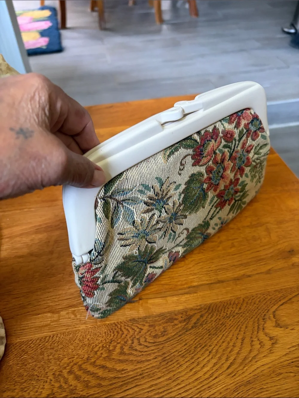 Vintage Floral Tapestry Clutch with White Frame
